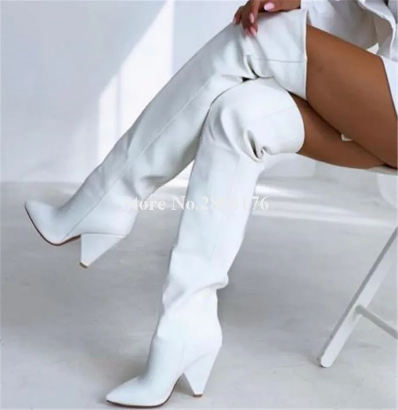 

Newest Sexy Pointed Toe Over Knee Spike Heel Boots White Black Brown Long Spike Heel Boots Party Dress Shoes