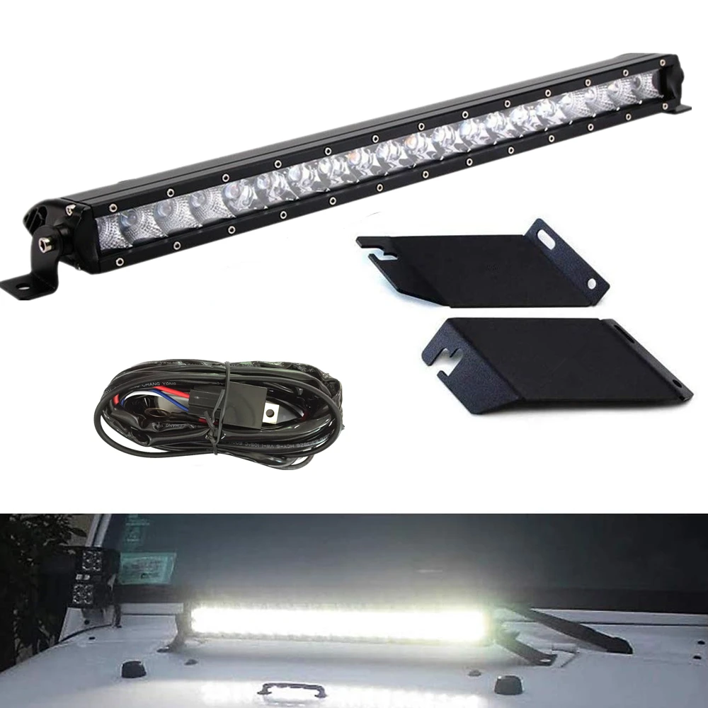 

Hood Mount 20 Inch LED Light Bar For 2007-2017 Jeep Wrangler JK 100W Work Light Bar Hood Top Mounting Brackets Free Wiring Kit