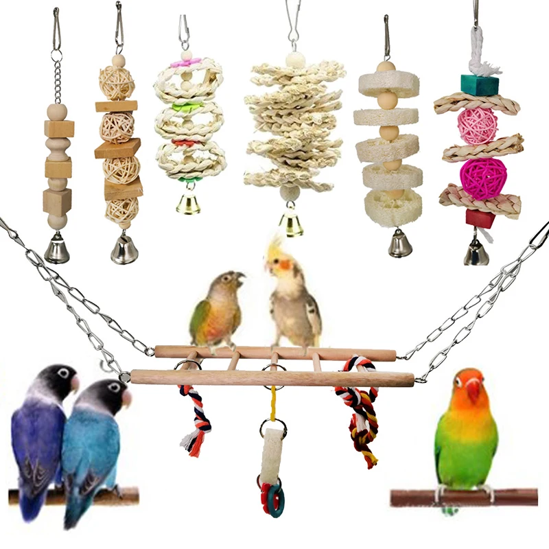 

7pcs Parrot Toy Natural Color Suspension Bridge Sepak Takraw String Loofah Piece String Bird Toy Pet Supplies Dropshipping