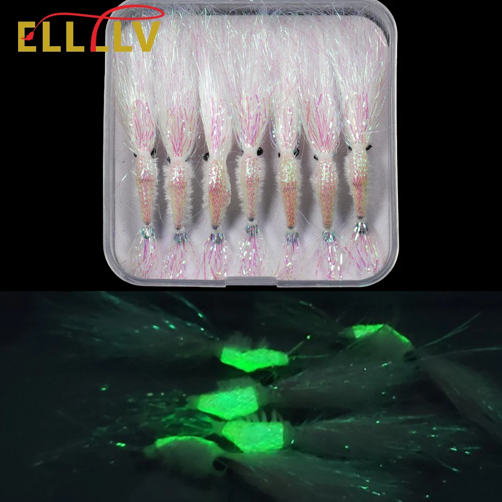 Elllv 7pcs/box #4 #6 #8 Pearl White Ice Wing Shrimp Salt Fly Luminous Saltwater Freshwater Flies Bass Trout Salmon Lure Bait