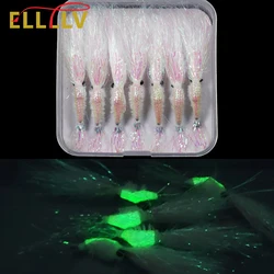 Elllv 7pcs/box #4 #6 #8 Pearl White Ice Wing Shrimp Salt Fly Luminous Saltwater Freshwater Flies Bass Trout Salmon Lure Bait