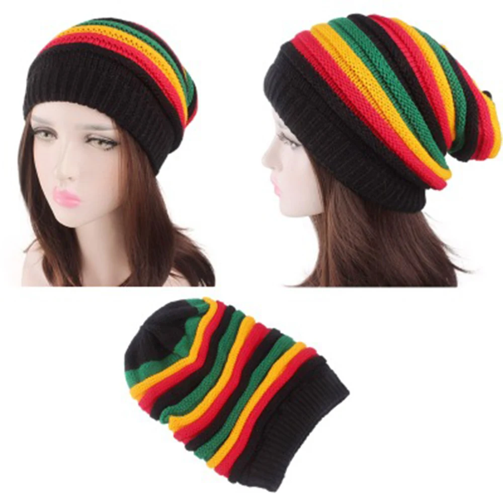 1pcs Unisex Jamaica Slouch Beanie Winter Rainbow Striped Warm Knitted Hat Beret Cap Winter Reggae Baggy Cap Ladies  Bonnet