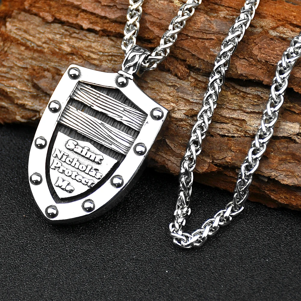 Vikings Shield Nordic Runes Amulet Stainless Steel Saint Nicholas Pendant Necklaces Christian Jewelry As Gifts