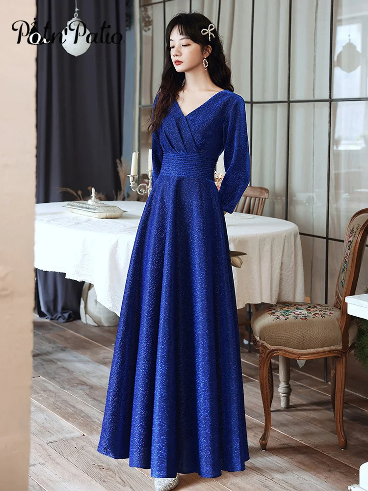 Long Sleeve Cocktail Party Dresses 2021 Elegant V-Neck A-Line Tea-Length Royal Blue Prom Dresses For Graduation