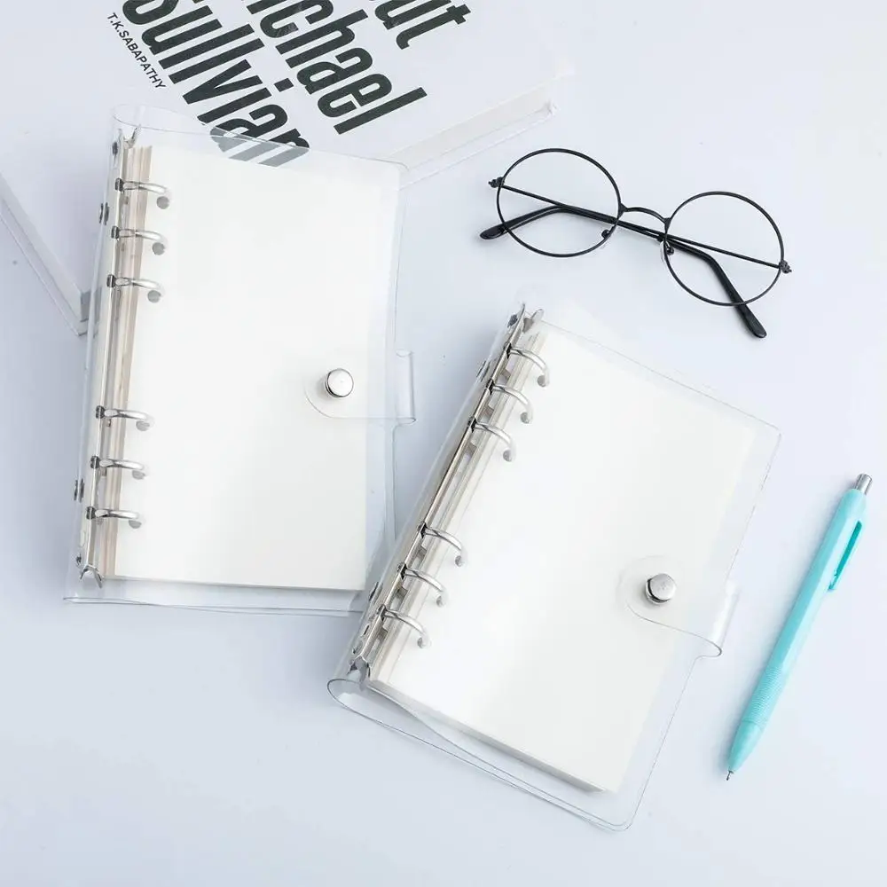 A5/A6 Transparent PVC Soft 6-Ring Binder Cover Snap Button Closure Clear Loose Leaf Folder Notebook Round Ring Binder Cover