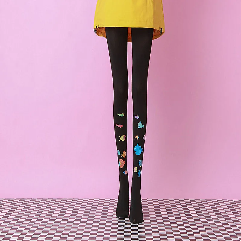 Market Store New Women's Tights Black Color Cute Fish Printed Fashion Pantyhose Warm for Female Girl Thick Spring and Autumn