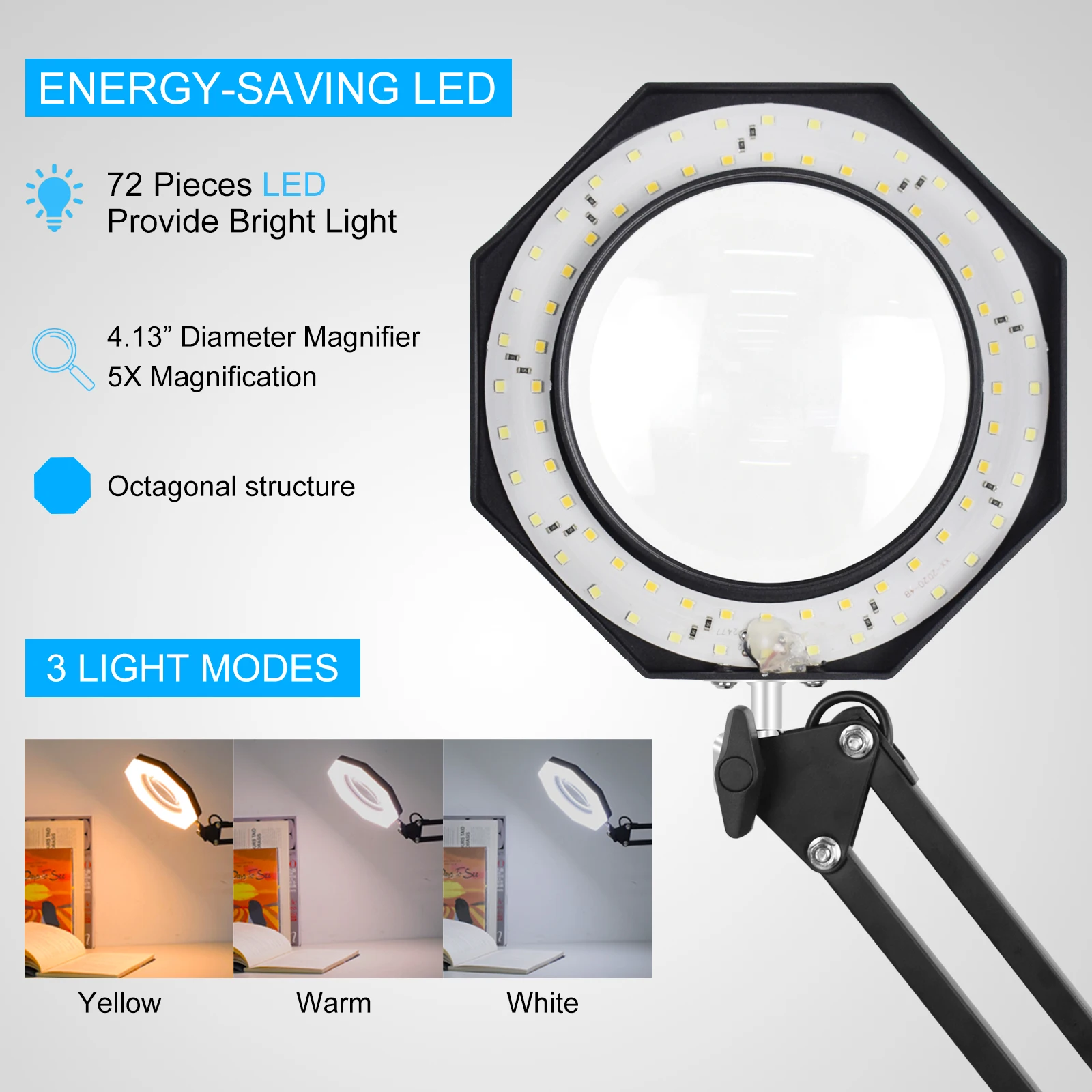 USB 5X Illuminated Magnifier LED Desk Lamp with 3 Colors Dimmable Reading Table Light for Soldeirng Repair Close Work Loupe