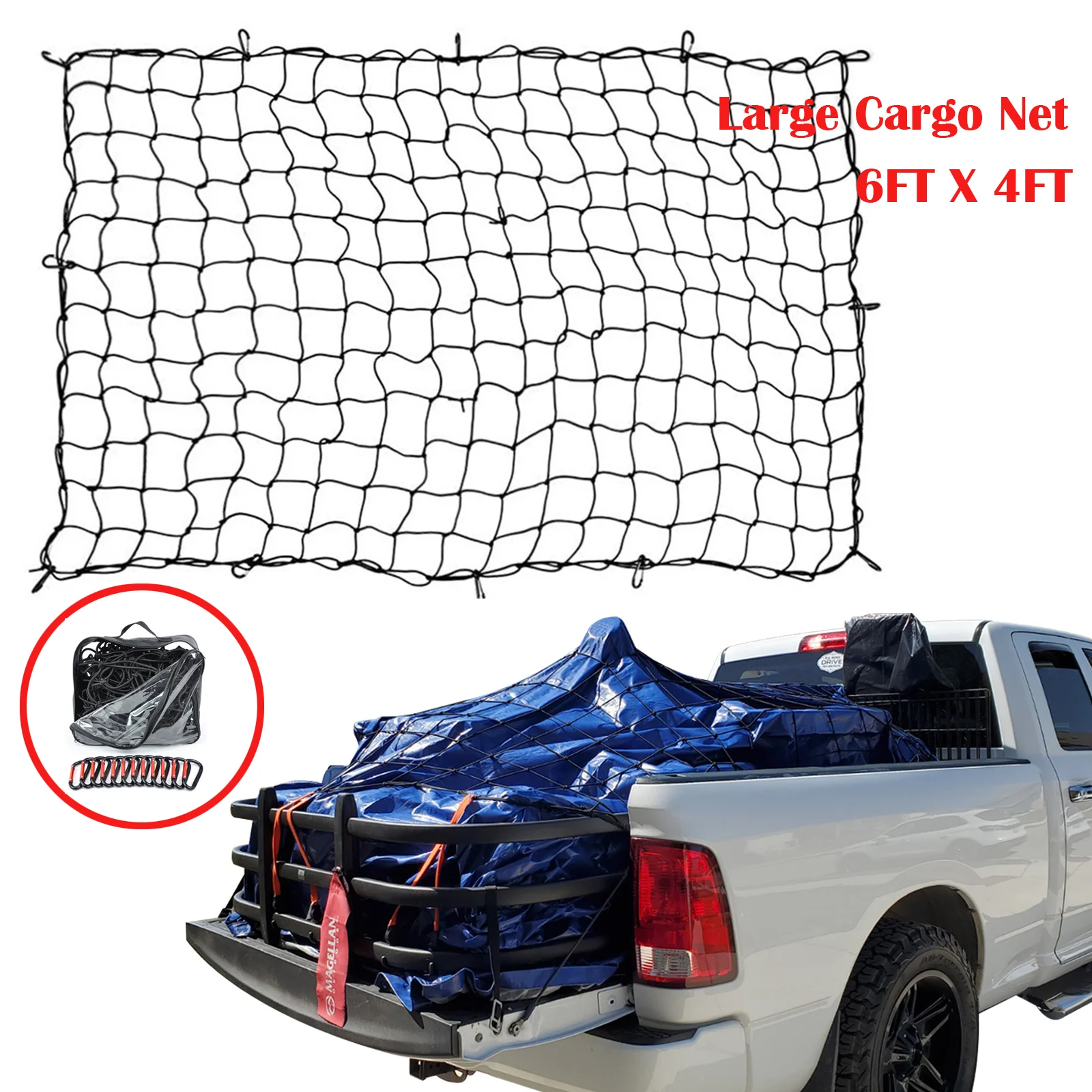 

Cargo Nets for Pickup Trucks Heavy Duty Truck Bed Net Organizer with 12Pcs Metal Carabiners Hooks Bungee Netting Car Accessories