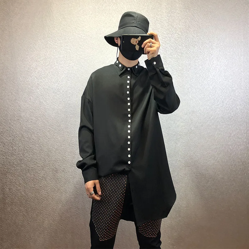 

Men's Multi Button Decorative Loose Long Sleeve Shirt Dark Black Thin Long Split Fashion Non Iron Casual Shirt