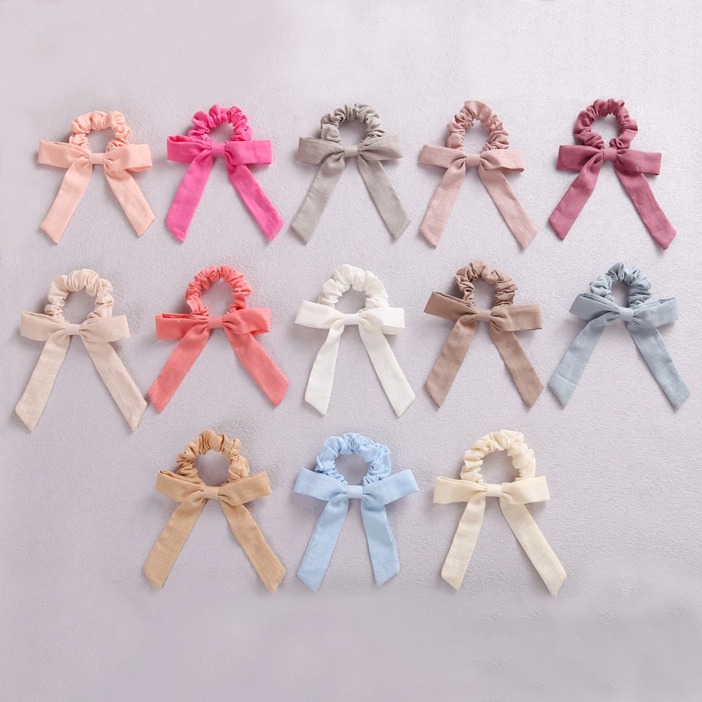 Cor sólida arco de linho meninas elásticos faixas de cabelo fita longa rabo de cavalo cachecol laço de cabelo feminino scrunchies menina acessórios