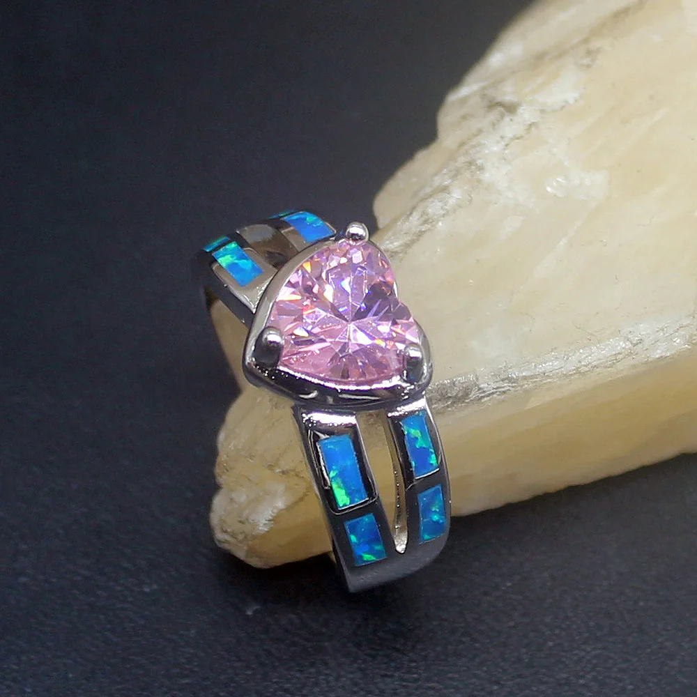 

Hermosa Heart Shape Blue Opal Pink Topaz Genuine 925 Silver Band Ring Wedding Engagement Gifts for Women Size 6.5# 20214271