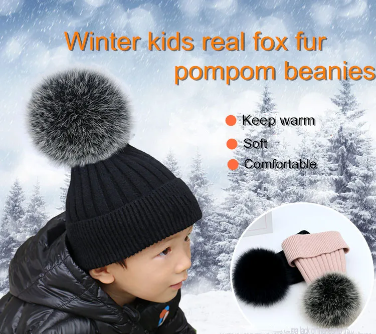 Winter Women's Real Fox Fur Pom-Pom Knitted Beanie Cap with Rabbit Fur Trim and Cashmere Touch