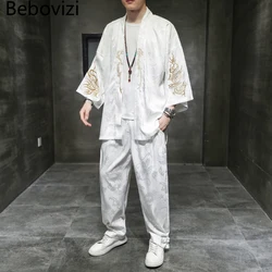 Embroidery Kimono Daopao Robe Suit Plus Size M-4XL 5XL Summer Traditional Chinese Clothing Style Orient Tang Hanfu for Men Sets