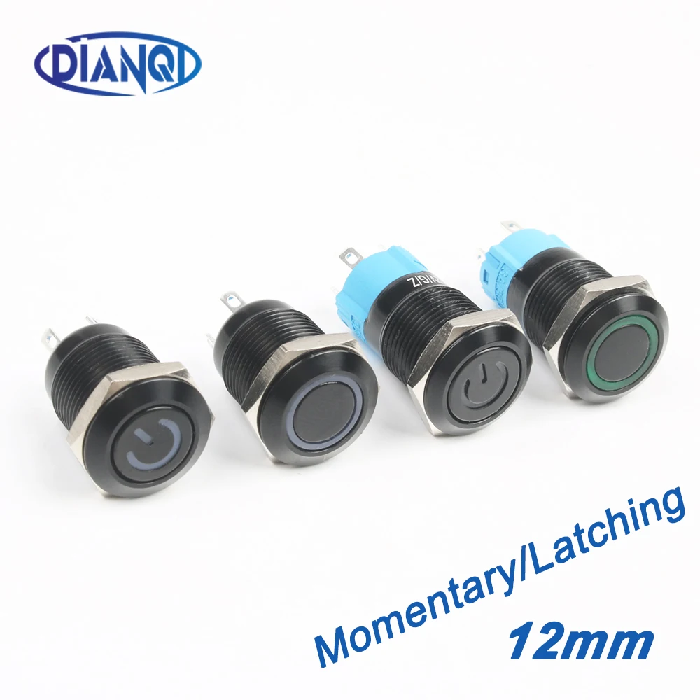

12 мм черный кнопочный переключатель, 4 контакта, Водонепроницаемый светодиодный светильник, металлический, плоский, цвет: красный, зеленый, синий, белый, желтый