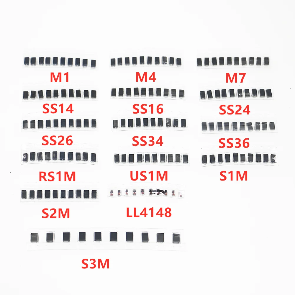 150pcs SMD Fast Switching Schottky Diode Assorted Kit pack (M1 M4 M7 S1M S2M S3M SS14 SS16 SS24 SS26 SS34 SS36 RS1M US1M LL4148)