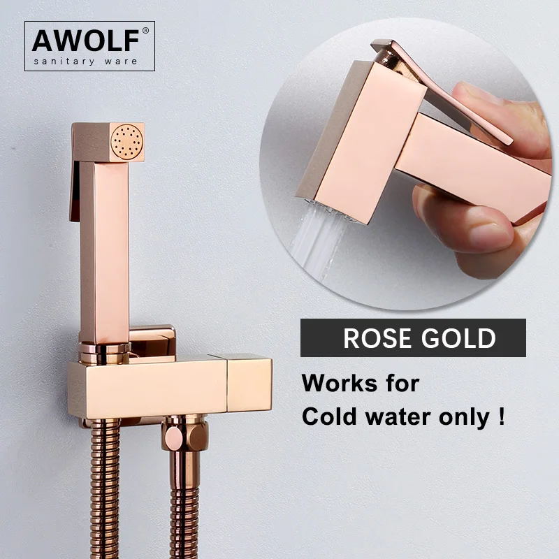 Solid Brass Shiny Rose Gold Handheld Toilet Bidet Sprayer Douche kit Shower Bidet Faucet Square Design Bathroom Shattaf AP2286