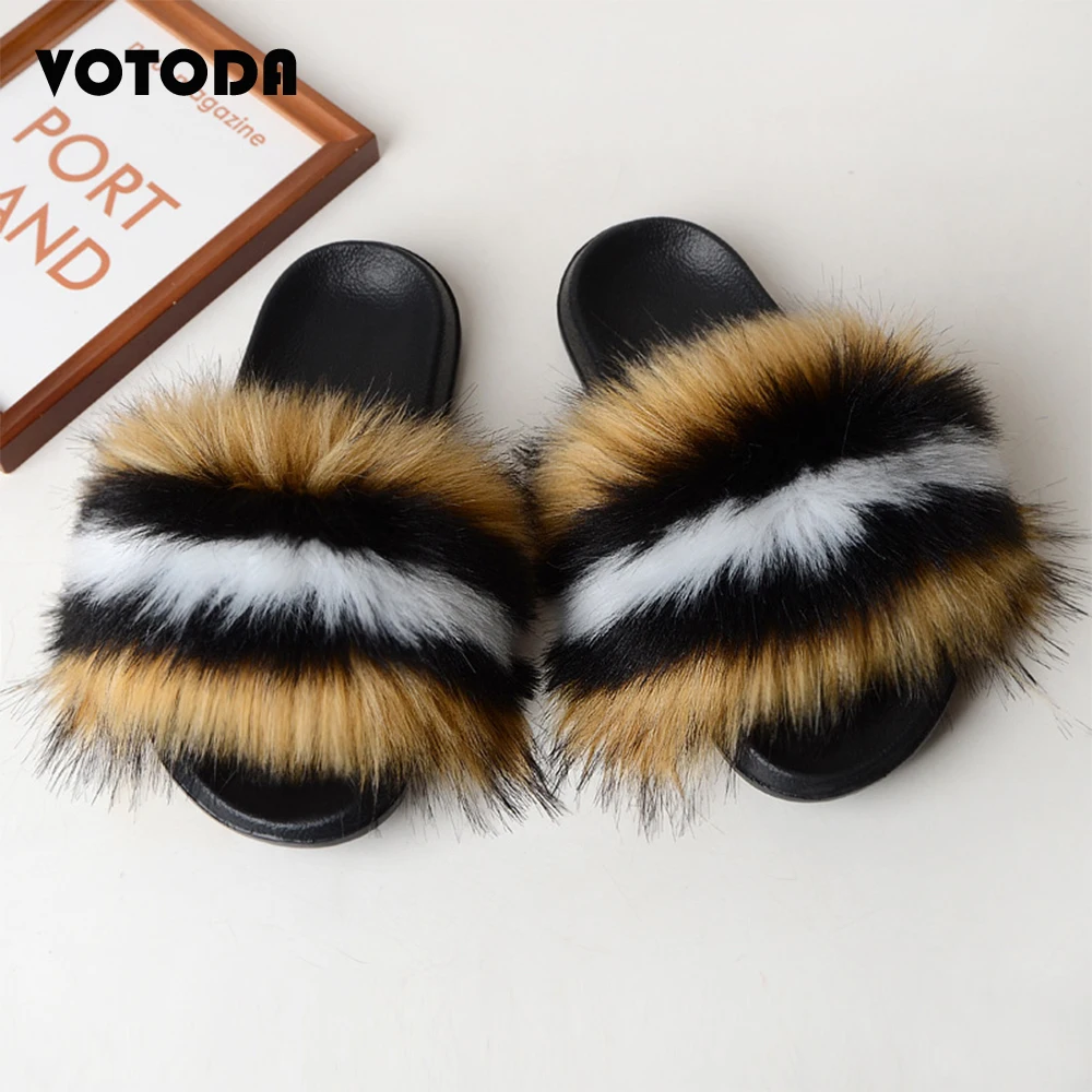 Women Furry Slippers Faux Fur Slides Mixed Colors Rainbow Flip Flops Fashion Girl Cute Plush Shoes Fluffy Shoes Woman Slides