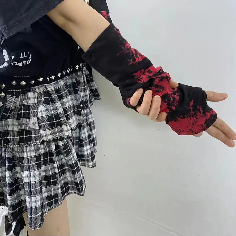 Lady Dark Gothic senza dita lunghezza gomito Goth nero rosso guanti Ninja Street Hip-hop guanti donna Punk Cool Tie Dye guanto 2023