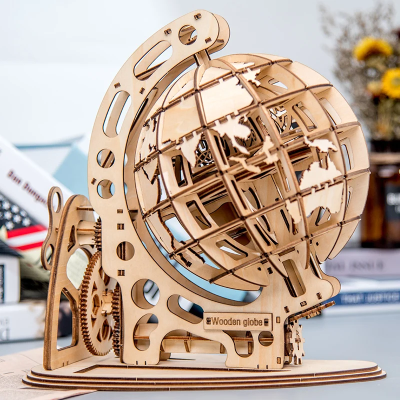 Wooden Globe Puzzle 3D DIY Mechanical Drive Model Transmission Gear Rotate Assembling Puzzles Home Office Decoration Toys Adults