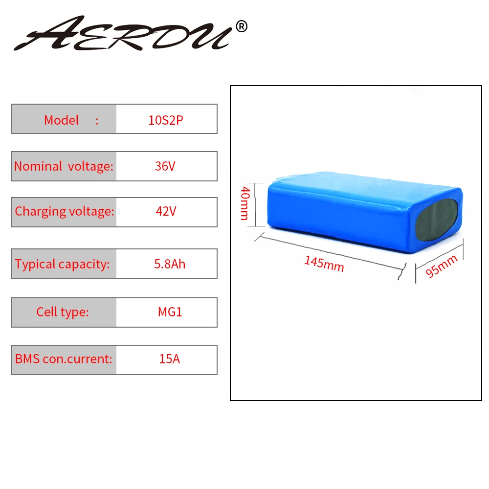 AERDU 36V 5.8AH 6Ah 5Ah 10S2P 400Watt 18650 LI-ION BATTERY PACK  EBIKE SCOOTER MOTOR SKATEBOARD 15A BMS XT30 JST 42V