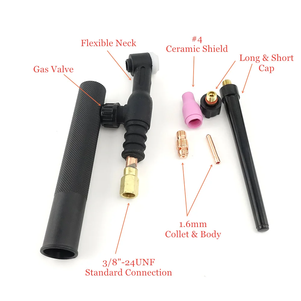 WP9FV TIG Torch GTAW Tungsten Electrodes Welder WP9 Argon Air Cooled WP-9 Gas Valve Flexible Neck TIG Welding Gun