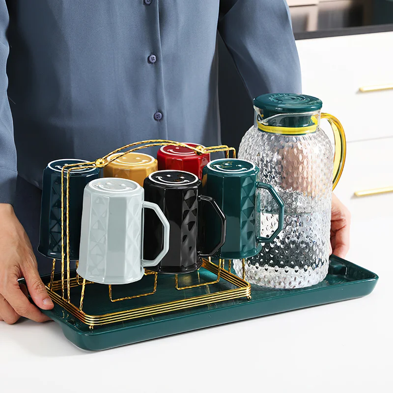 Ceramic Coffee Set Nordic Green Tray Coffee Cup Metal Cup Holder Glass Kettle Water Ware Home Bar Decoration Afternoon Tea Set