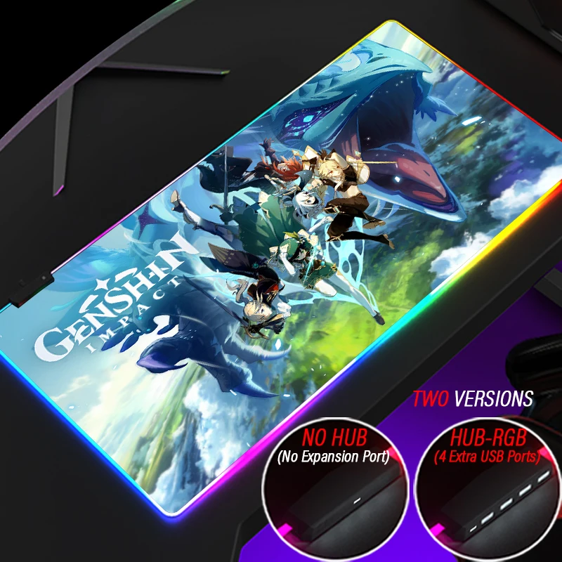 Extra Large DIY Genshin Impact HUB Custom Mouse Pad Led Glowing Xiao Fischl Gaming Mousepad RGB 4Port USB Locking Edge Table Mat