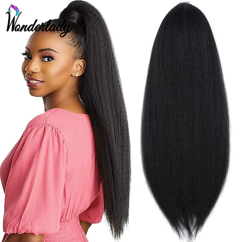 

WonderLady Afro Yaki Straight Drawstring Ponytail Synthetic Hair Extensions Long Hairpiece Wrap Around Ponytail For Women Black