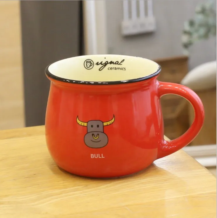 Creative 2021 Zodiac Year of the Ox Red New Year Gift Cartoon bull Ceramic Mug Annual Meeting Gift Custom Water coffee Cup