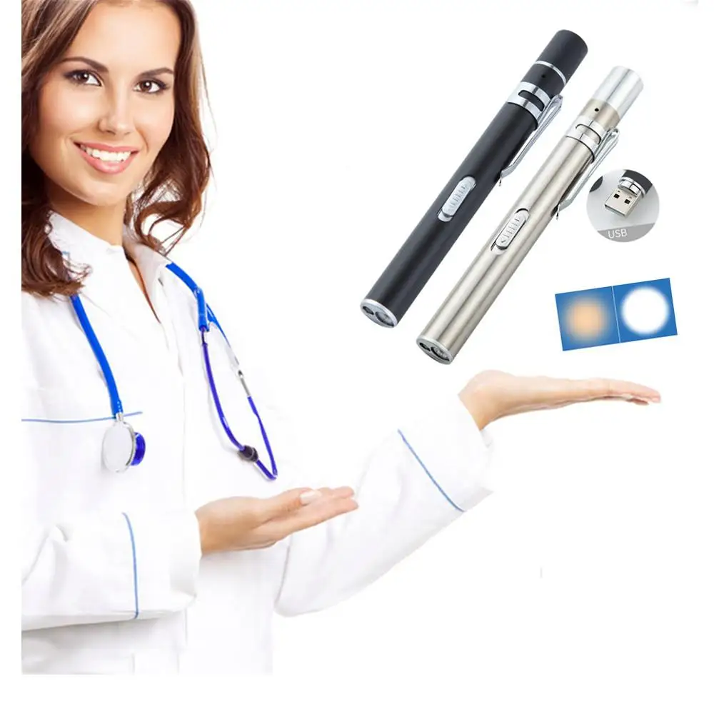 Portable Dual Light Source LED Stainless Steel Nursing Penlight Flashlight for Students Doctors