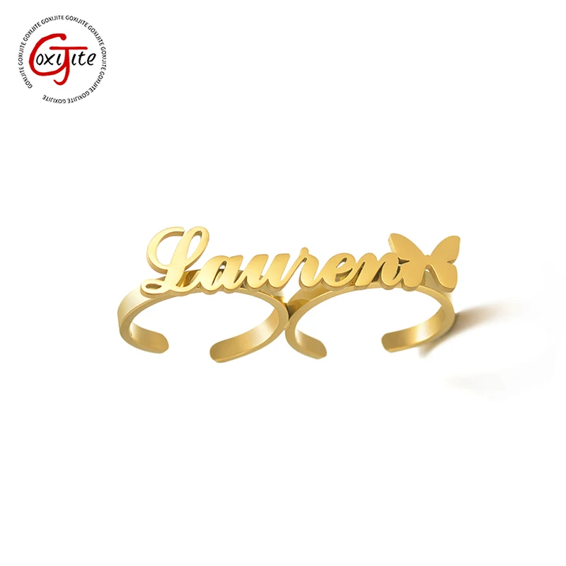 

Goxijite Women Custom Name Open Ring Personalized Two-finger Welding Nameplate Butterfly Rings Stainless Steel Jewelry Gift