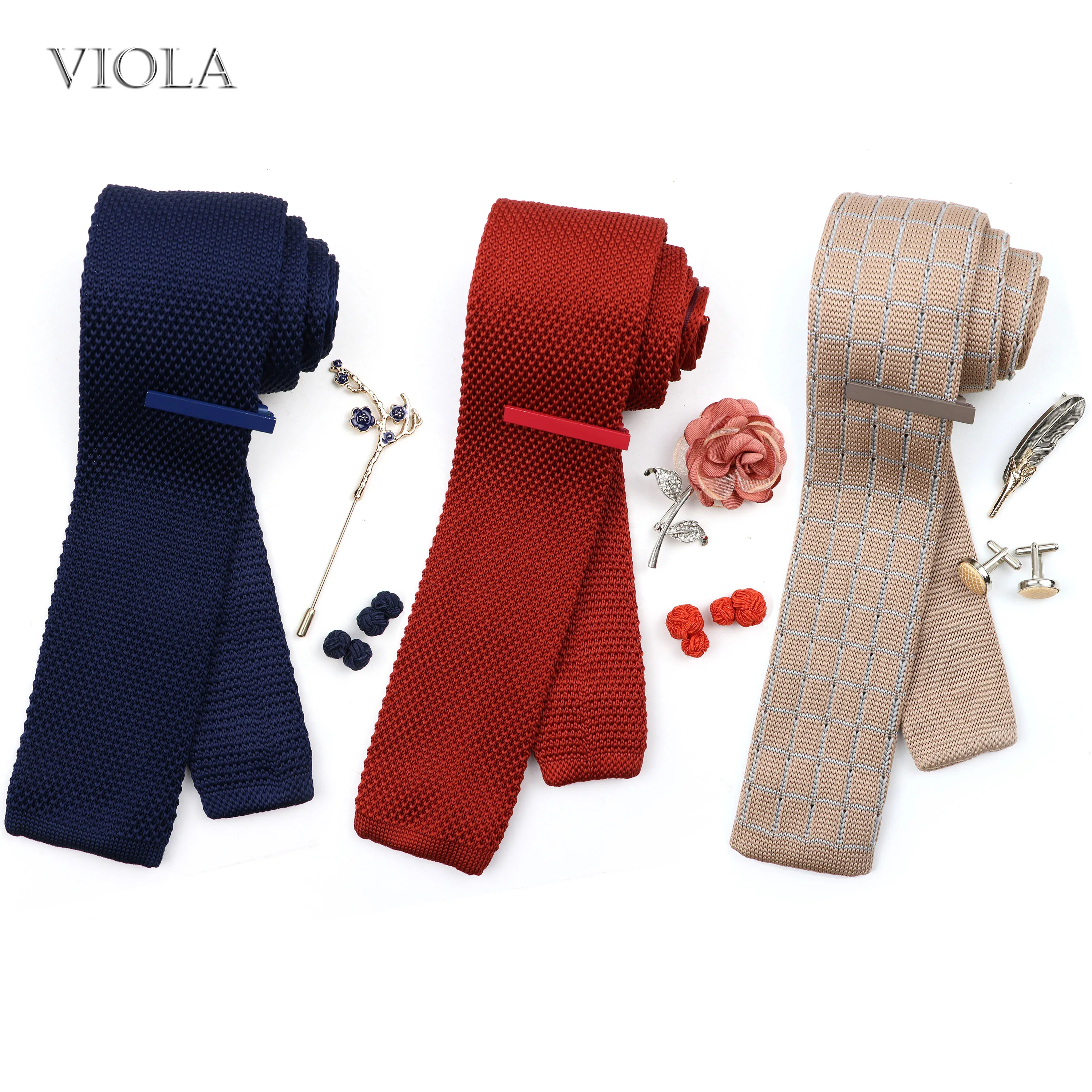 

4 PCS Fashion Knit Necktie Sets Brooch Pin Tie Clip Cufflinks Rose Red Brown Men Wedding Party Suit Gift Solid Cravat Accessory