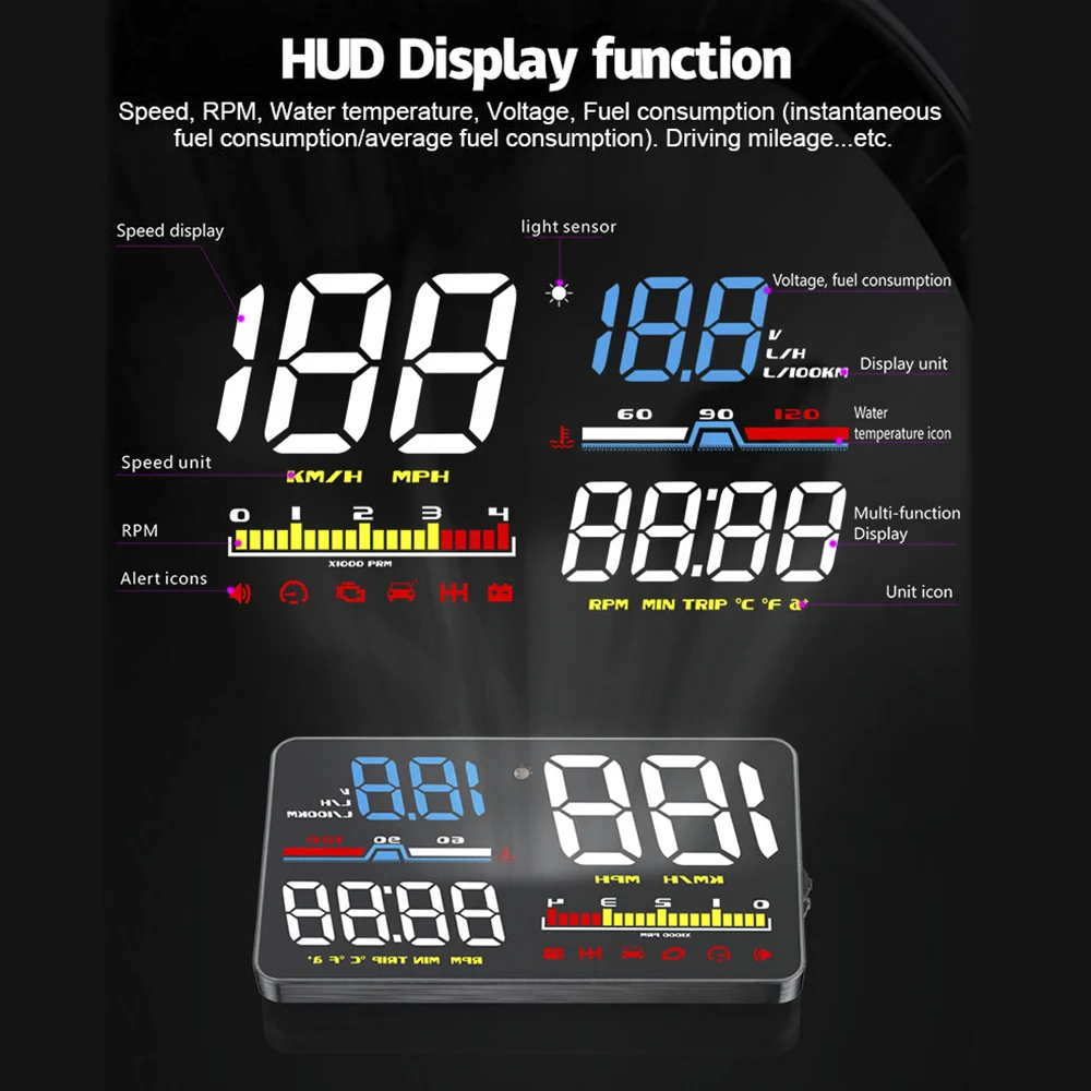 Outil de diagnostic OBD2 pour voiture, affichage tête haute, budgétaire d'écran de pare-brise, compteur de vitesse, affichage HUD, alarme de sécurité numérique, D5000