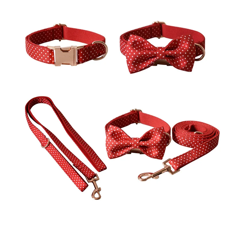 

Dog Collar Leash Pet Supplies Accessories Classic Red Dot Bow Tie Lady Style Soft Comfortable Fabric Easy Quick Release Buckle