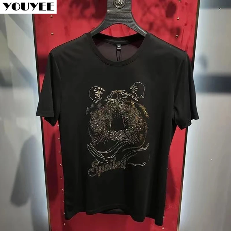 メンズTシャツ,タイガーヘッドドレス,ラインストーン付き,トレンディ,ラウンドネック,スリム,高品質,コットン,半袖