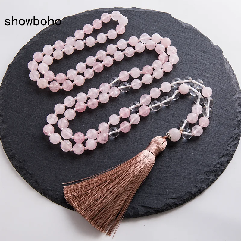 8mm Rose Quartz and Clear Crystal Beads Knotted Mala Necklace 108 Rosary Meditation Yoga Declaration Japamala Jewelry