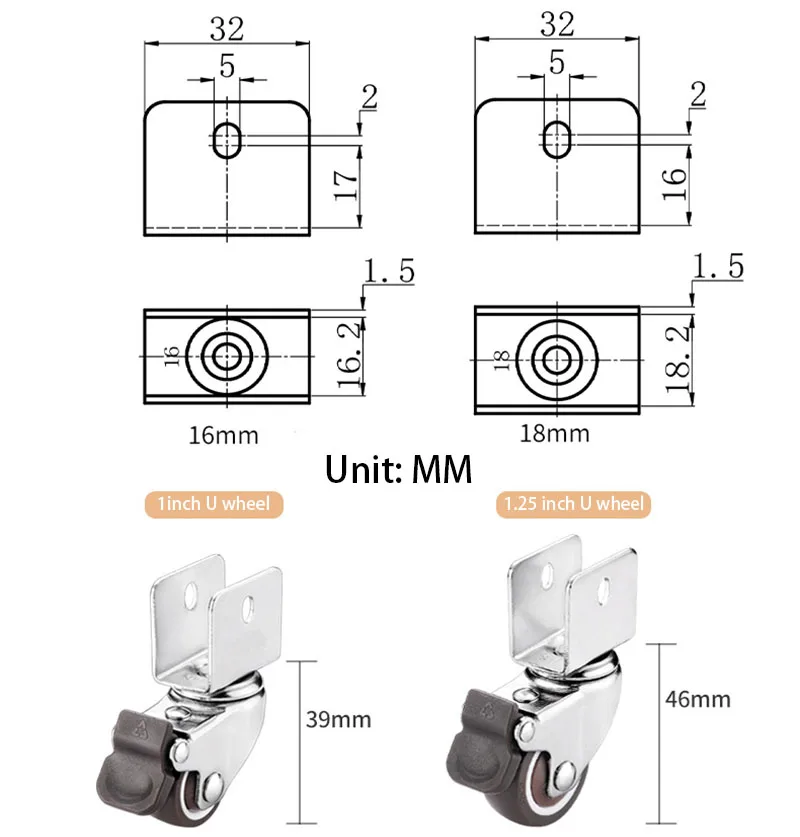 4Pcs Crib Casters with Brake Wheels 1” Soft Rubber16-18mm Splint  Swivel Caster Furniture Hardware Fittings