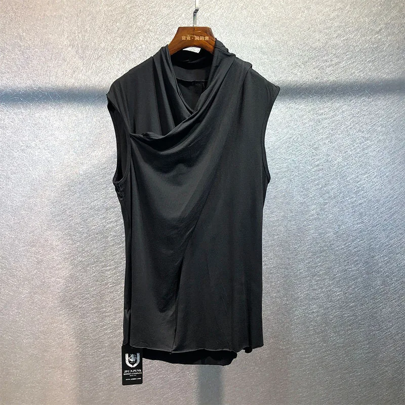 

Men's summer sleeveless trendy asymmetrical lapel slimming personality T shirt pure color stretch T shirt