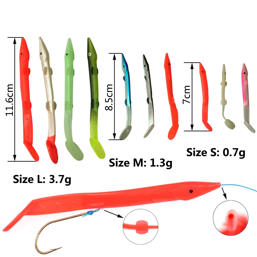 10pcs Saltwater Fishing Small Eel Lure Bait  Soft Platic Fish Lure with Eye for Sabiki Rig Lumo White Green Red Blue Color
