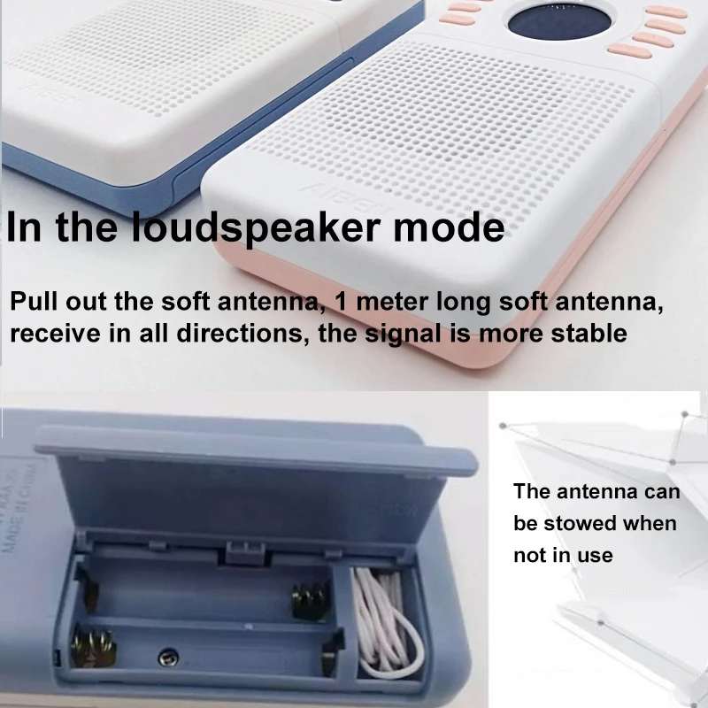 FM Radio 50-108MHz Stereo Mini Radio Speaker Support Power off Memory 2 Power Supply Modes with LED Display Soft Antenna