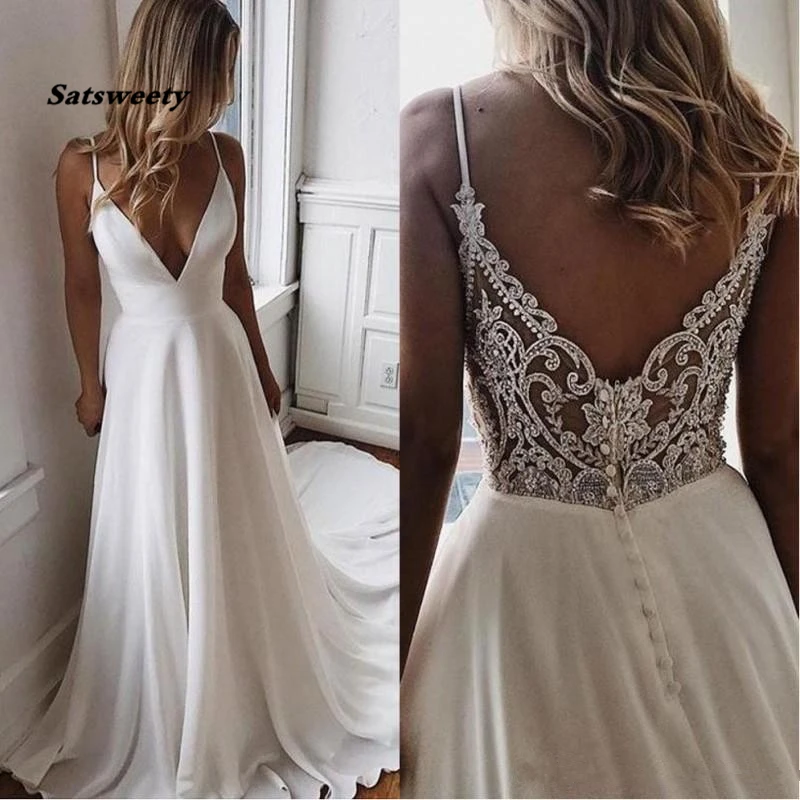 Robe de Mariée en Mousseline de Soie à Col en V, Ligne A, Style Boho, Tenue de Plage Simple, avec des Appliques de Perles, pour Patients Formels, Tout Bon Marché, Personnalisée