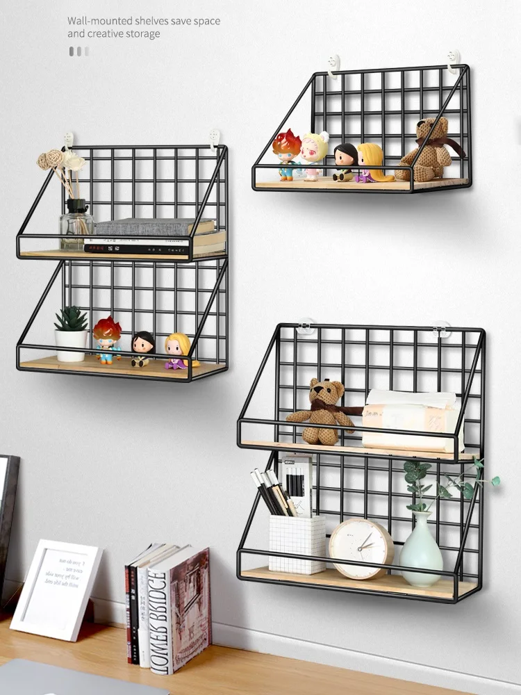 

Quality Simple Iron Wood Wall Shelf, Free Punching Room Bathroom Rack, College Dormitory Bed Bedside Storage Rack