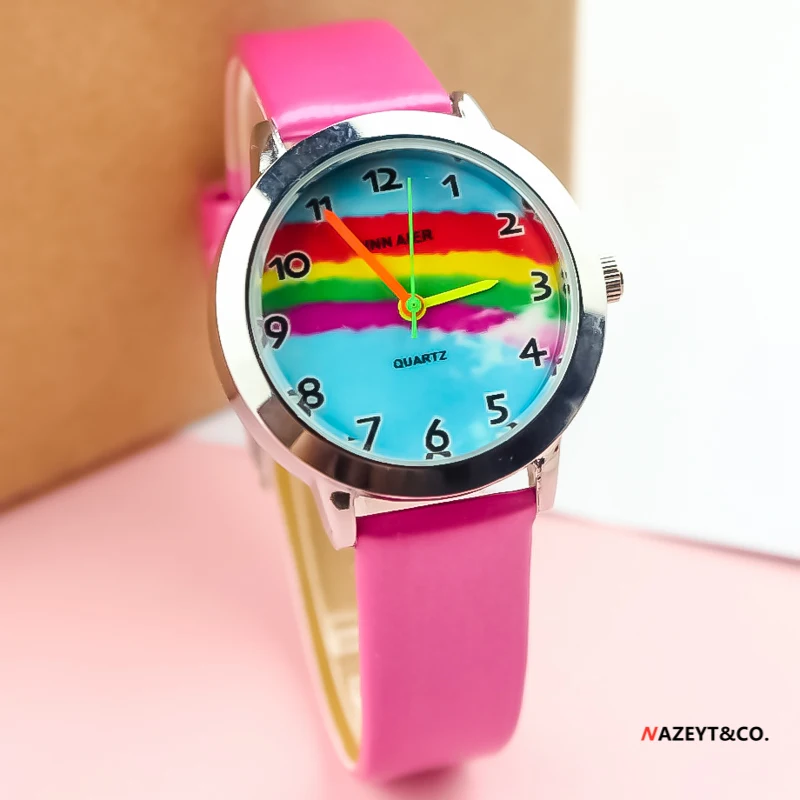 Little boys girls colorful PU leather watch children kids beauty rainbow dial easy learn time quartz Arabic no. gift clock