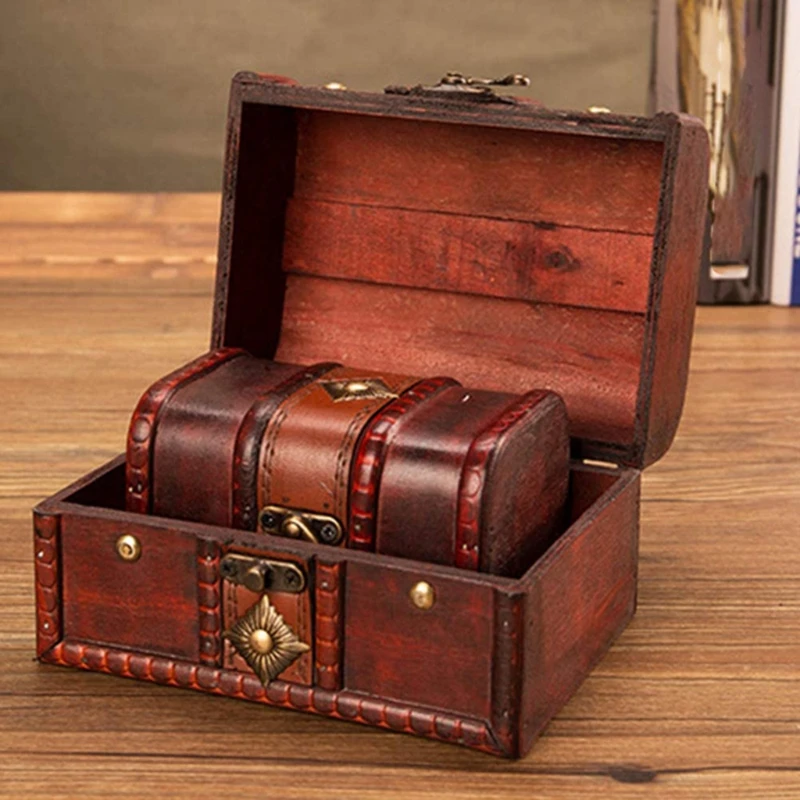 Caja de Cofre del Tesoro de madera Vintage antigua, caja de maletero de almacenamiento de joyas de madera decorativa con cerradura de Metal para recuerdo de joyería pirata