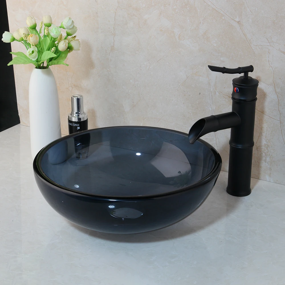 KEMAIDI 4 Color Washbasin Bathroom Glass Wash Basin Sink Brown Lavatory Sink Combine Set ORB Waterfall Mixer Tap Faucet