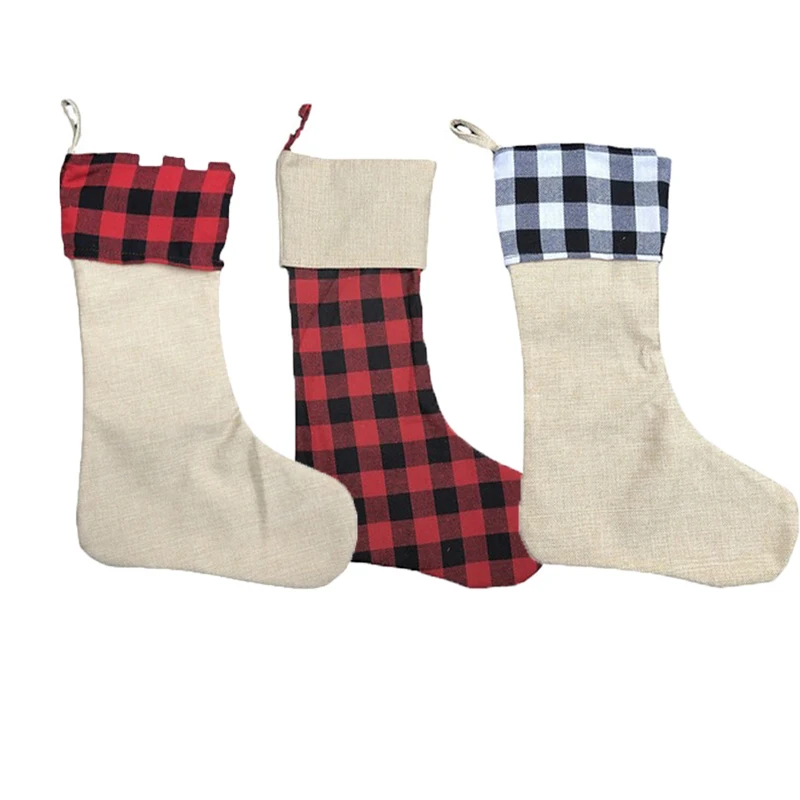 5Pcs/Lot Creative Christmas Plaid Stocking Sublimation Sock Hanging Ornaments Gifts Bag Reusable Xmas Home Decoration