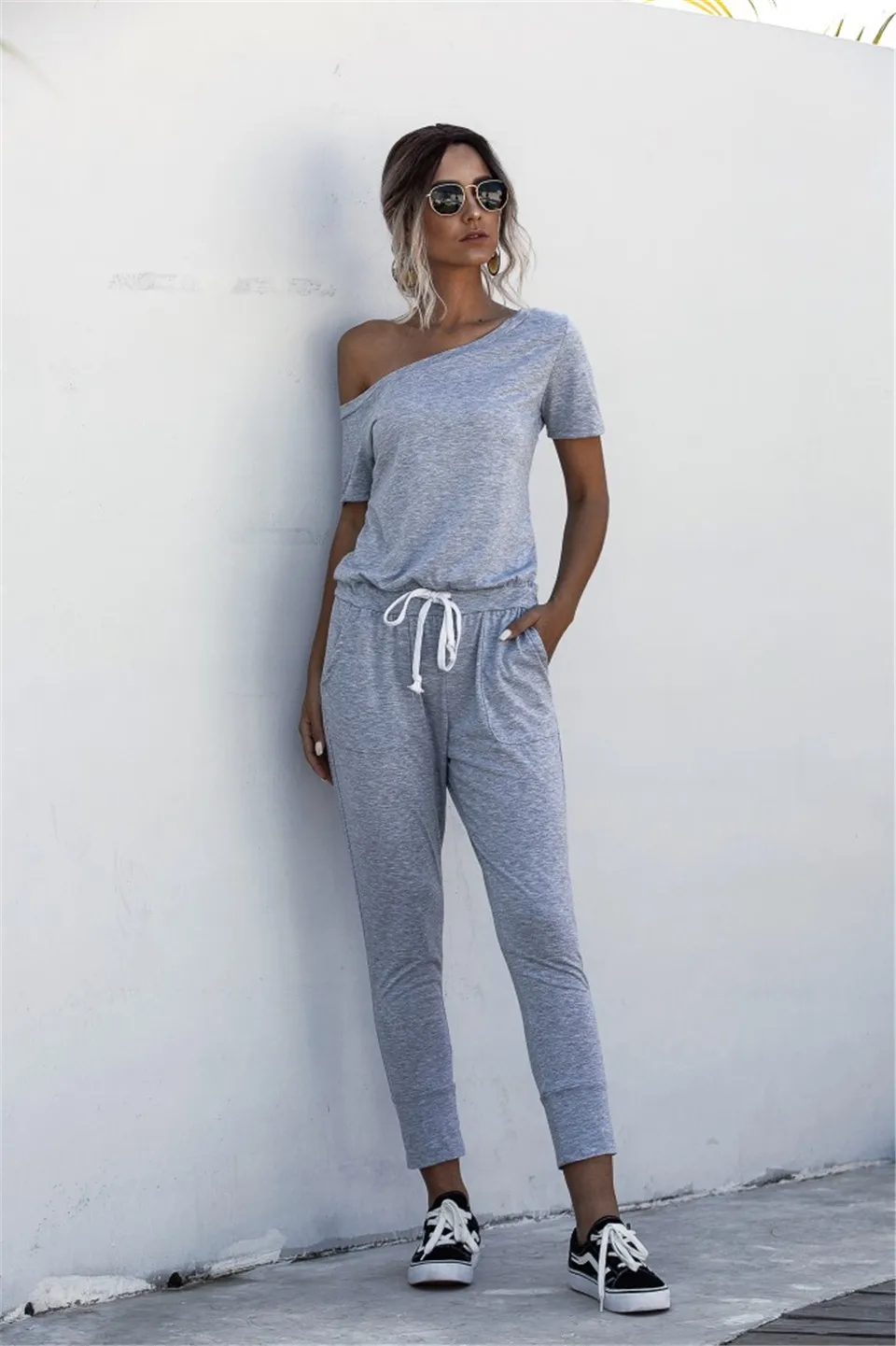 Women Jumpsuits Summer 2021 Drawstring Pockets Decor Oblique Collar Short Sleeve Mid Waist Slim Jumpsuits Women Fashion Clothing