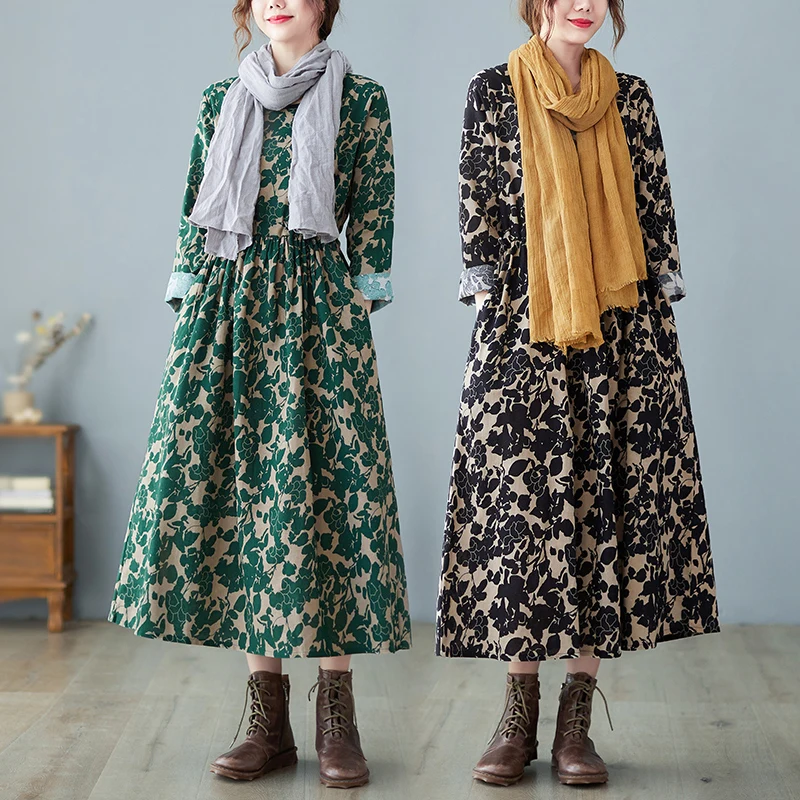 Fall Women Dresses Vintage Cotton Literary Style Floral Print Loose Casual Square Collar A-Line Long Sleeve Female Sundresses