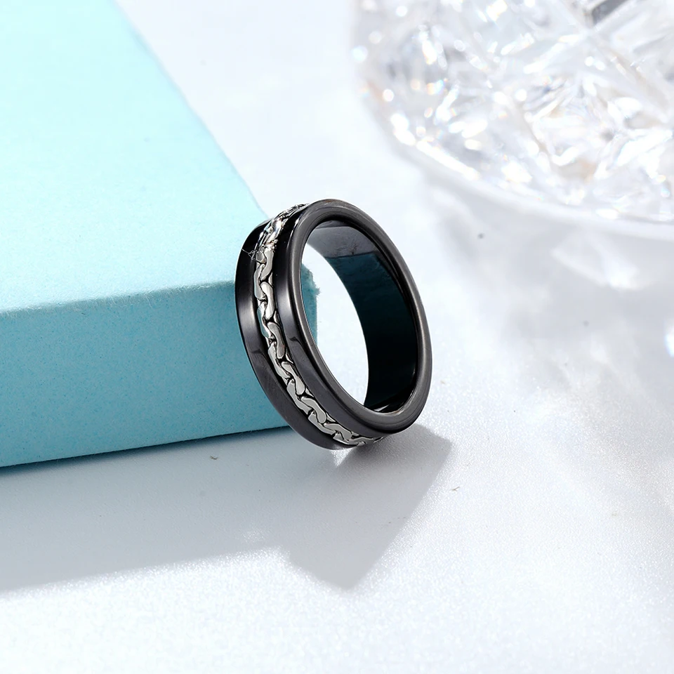 BORASI 7mm Wide Stainless Steel Chain Ceramic Ring Men Black White Color Ladies Rings For Women Fashion Jewelry Female Male Ring