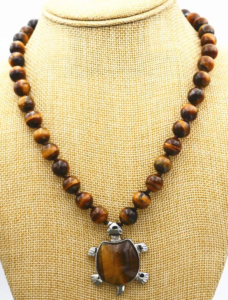 

Beautiful 10mm African Roar Tiger's Eye Turtle Pendant Necklace 18 " WW